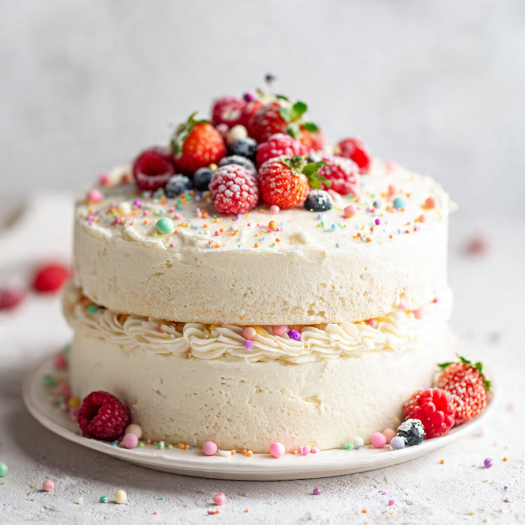 a beautifully frosted homemade birthday cake with