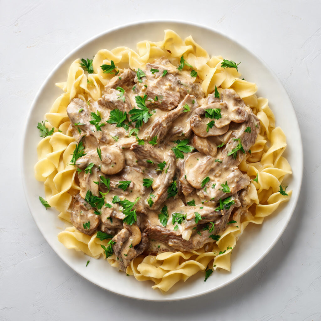 a plate of creamy beef stroganoff on