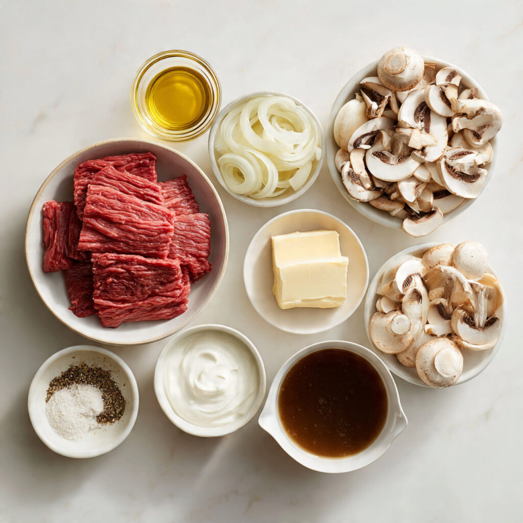 all ingredients for beef stroganoff neatly arranged