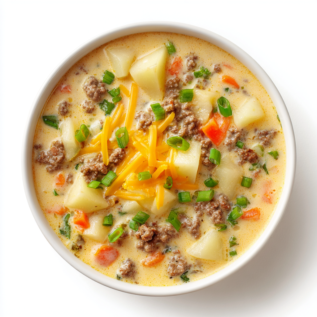 u3248774289 A bowl of creamy cheeseburger soup on a clean whi 875c8742 44d0 42a9 a732 b888116cb9a1 1