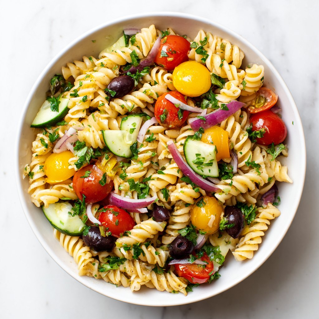 u3248774289 A fresh colorful pasta salad in a white bowl on a 4c0fe176 0a7b 470c bd3b f04dc0ffce69 1