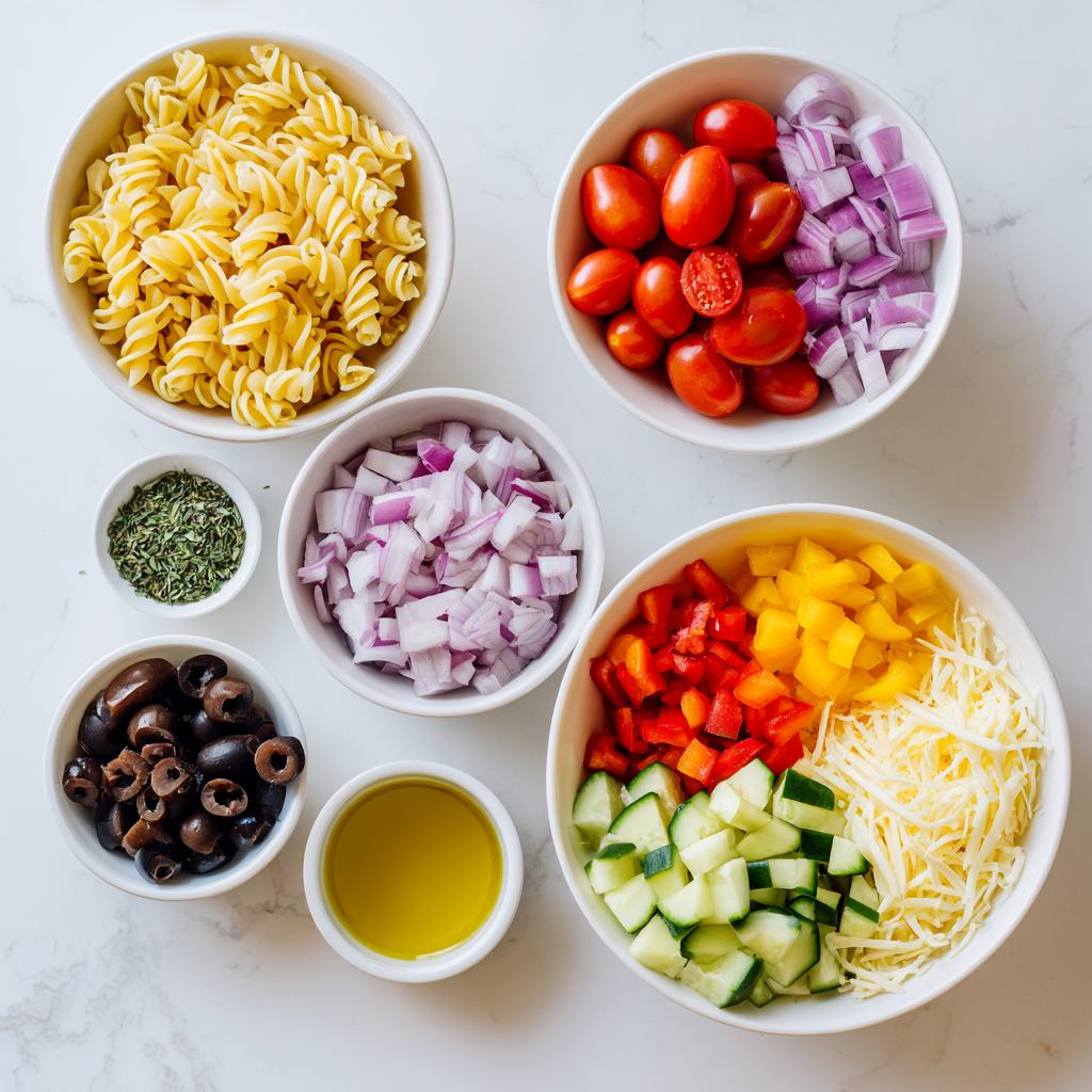 u3248774289 All ingredients for a colorful pasta salad neatly 9a8b85b6 2389 4244 b263 1ff6278b7137 2