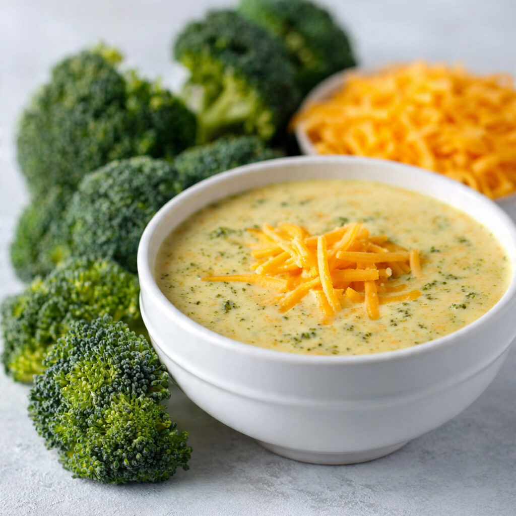 a bowl of creamy cheddar broccoli soup