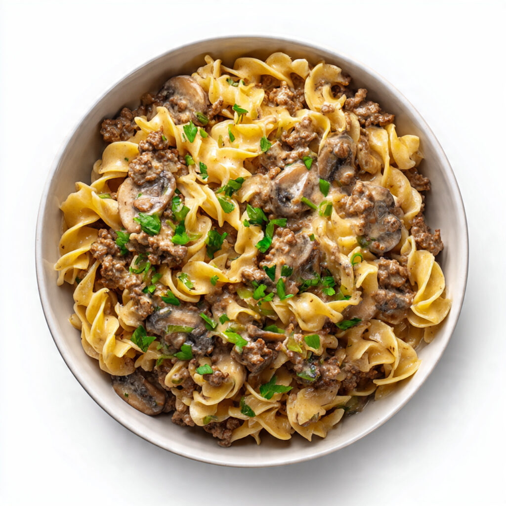 a bowl of ground beef stroganoff with 1