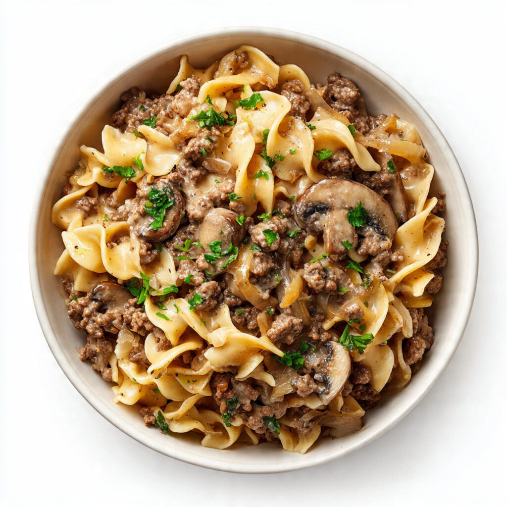 a bowl of ground beef stroganoff with