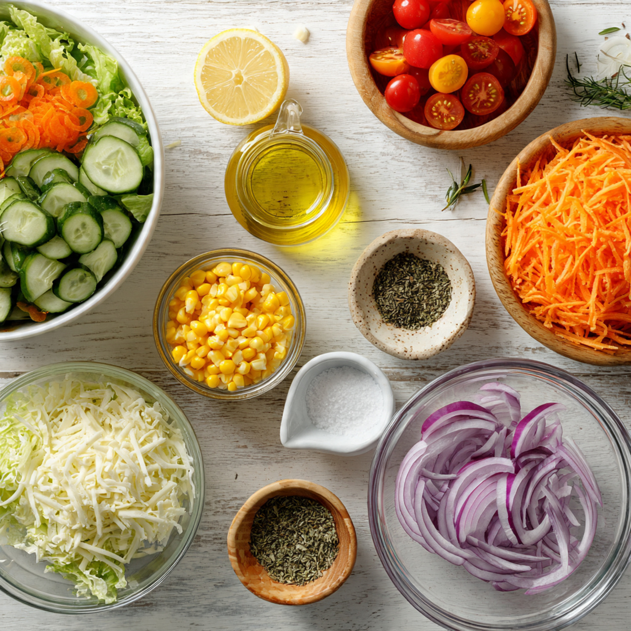 a bright overhead flat lay of fresh salad ingredie