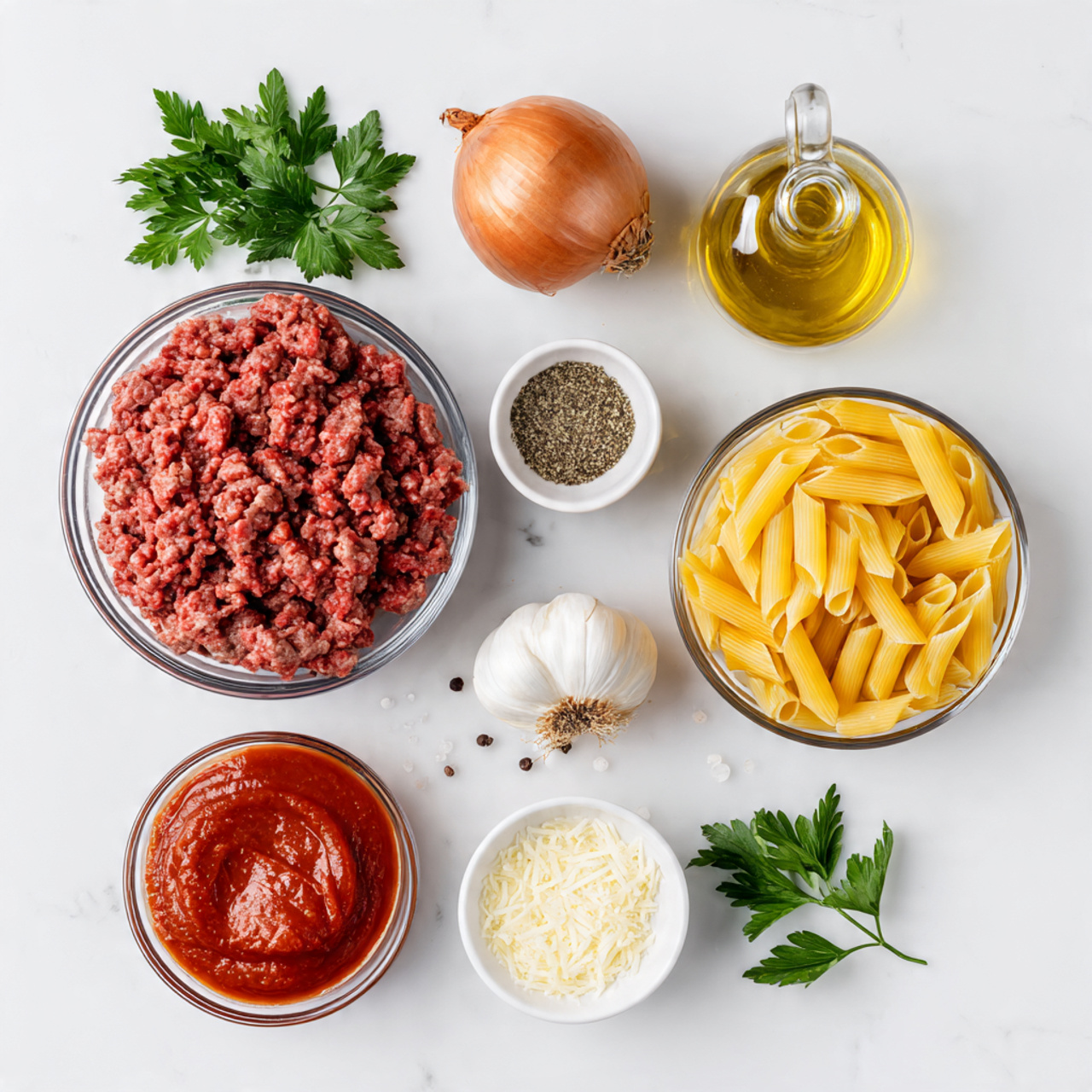 a clean top down flat lay of beef pasta recipe ing