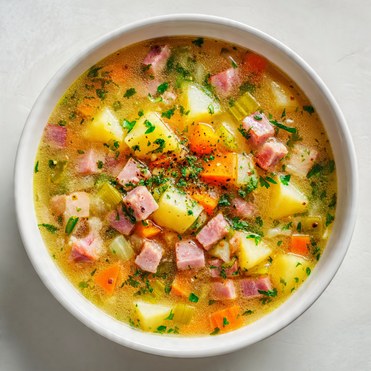 a cozy bowl of homemade ham soup placed on a pure