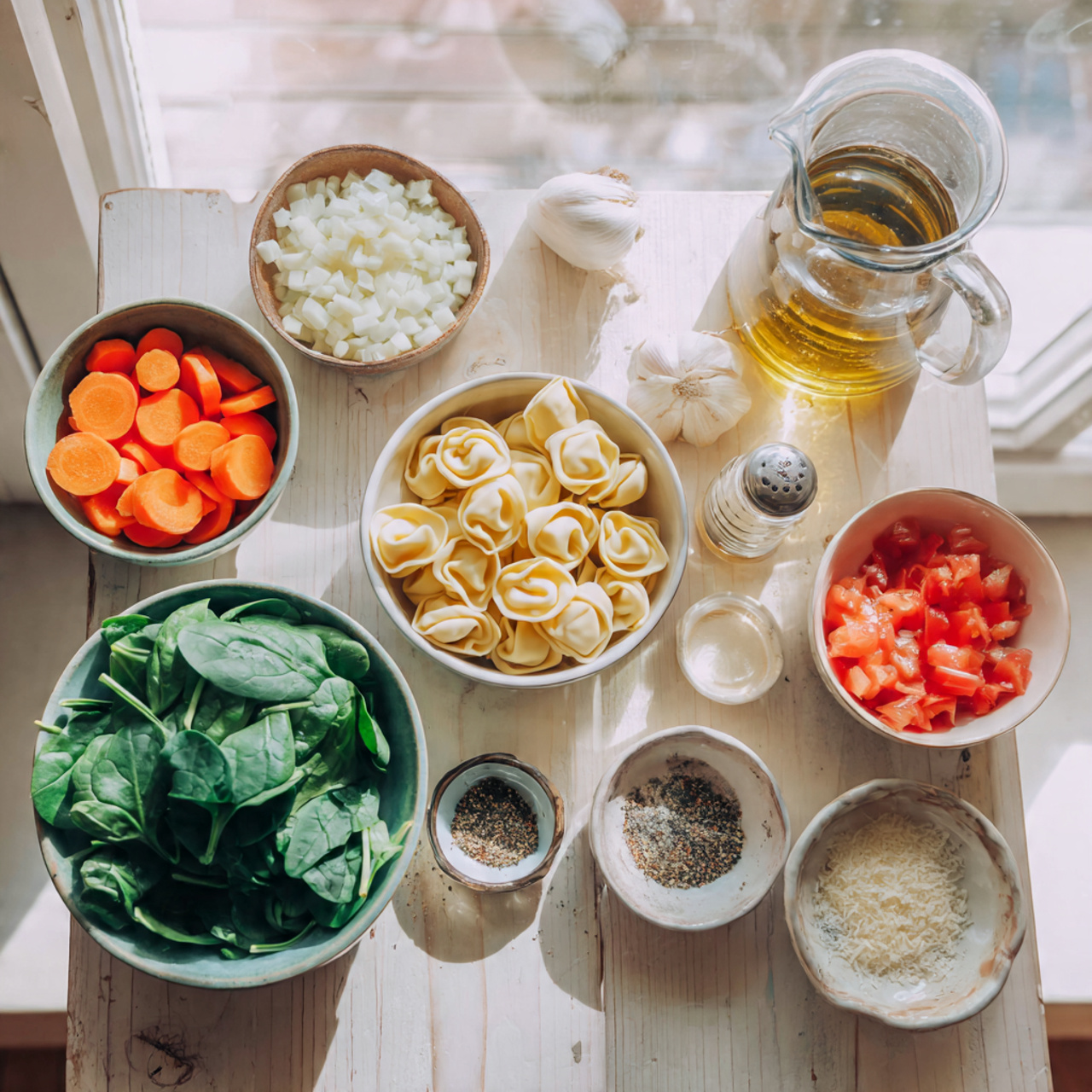 a cozy pinterest style flat lay of tortellini soup