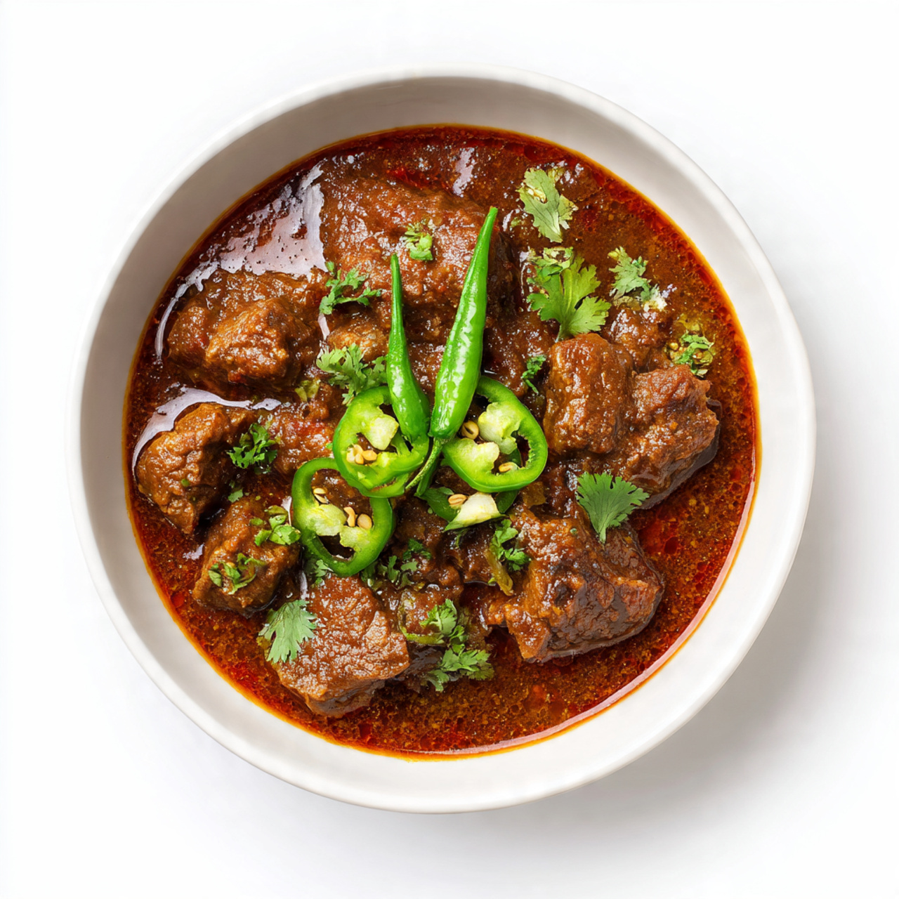 a steaming bowl of rich beef curry placed in the c 1