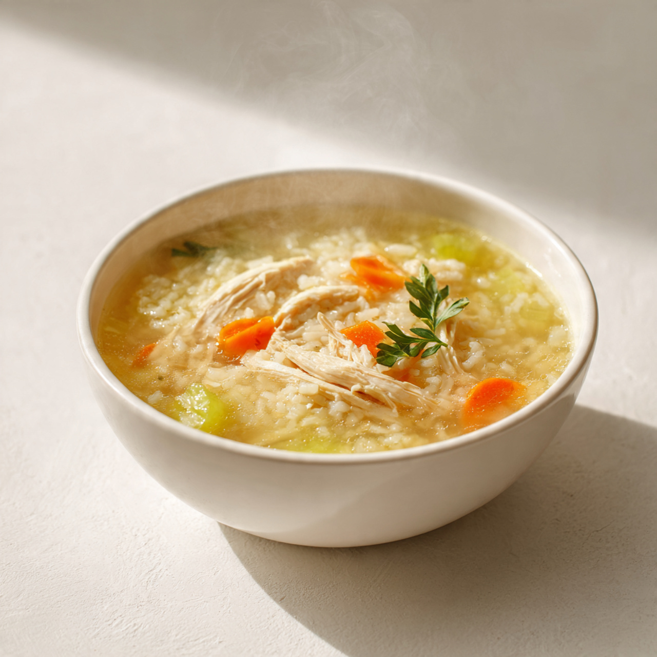 a warm bowl of chicken rice soup placed on a pure 1