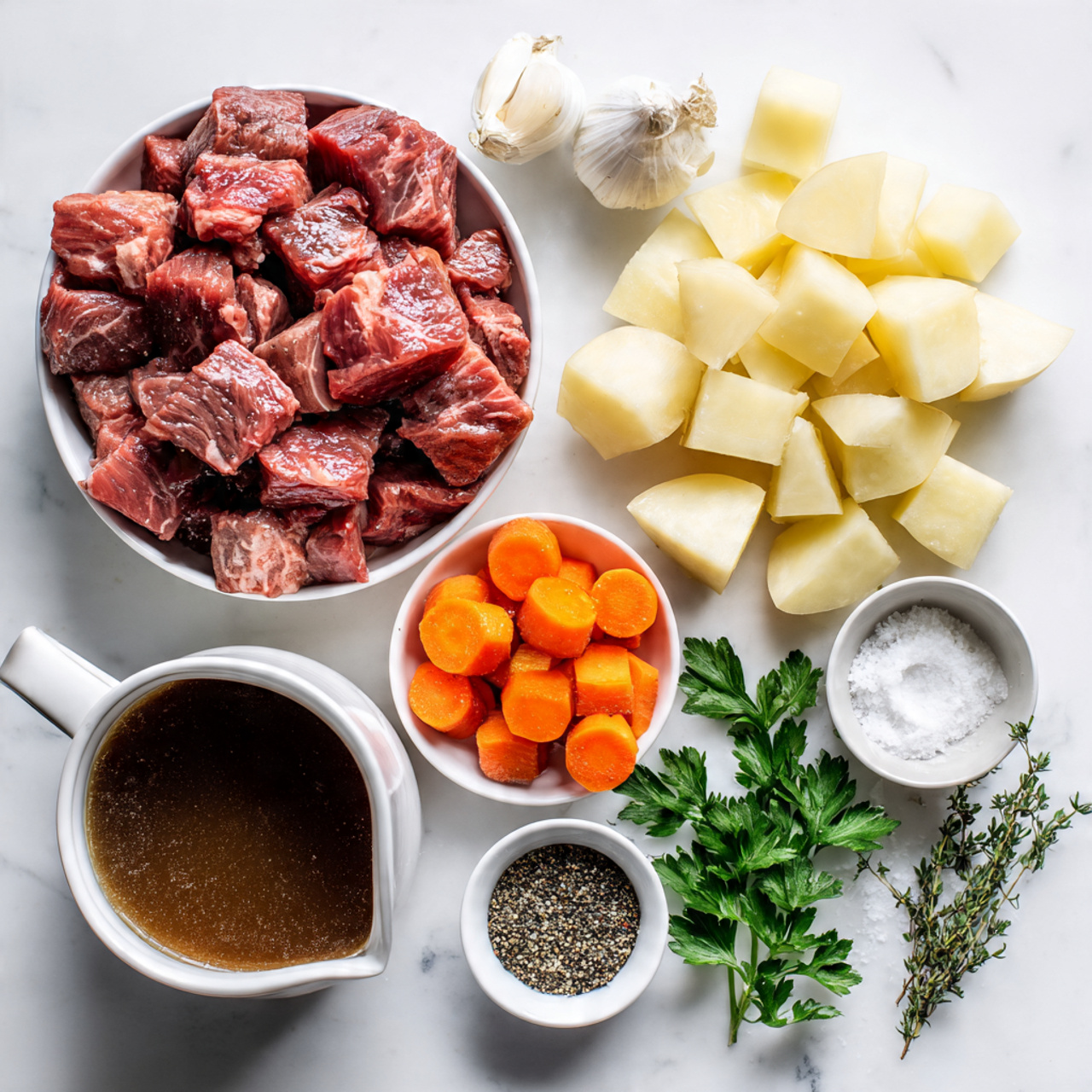 bright clean flat lay of raw beef stew meat choppe