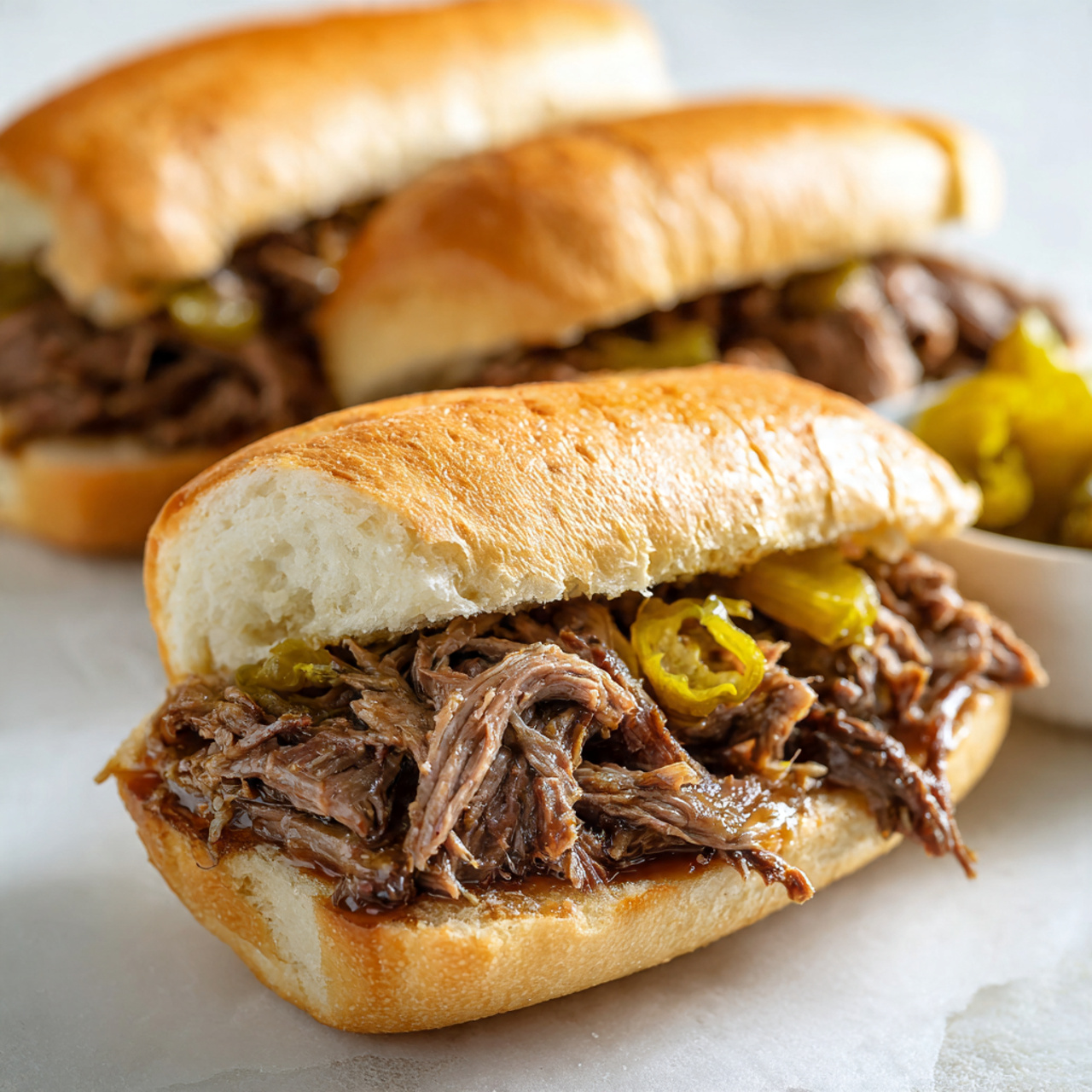 close up of italian beef sandwiches on a pure whit 1