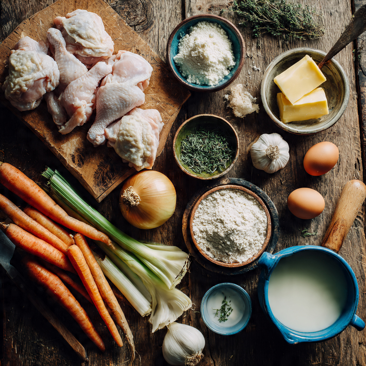 fresh ingredients for chicken dumpling soup arrang