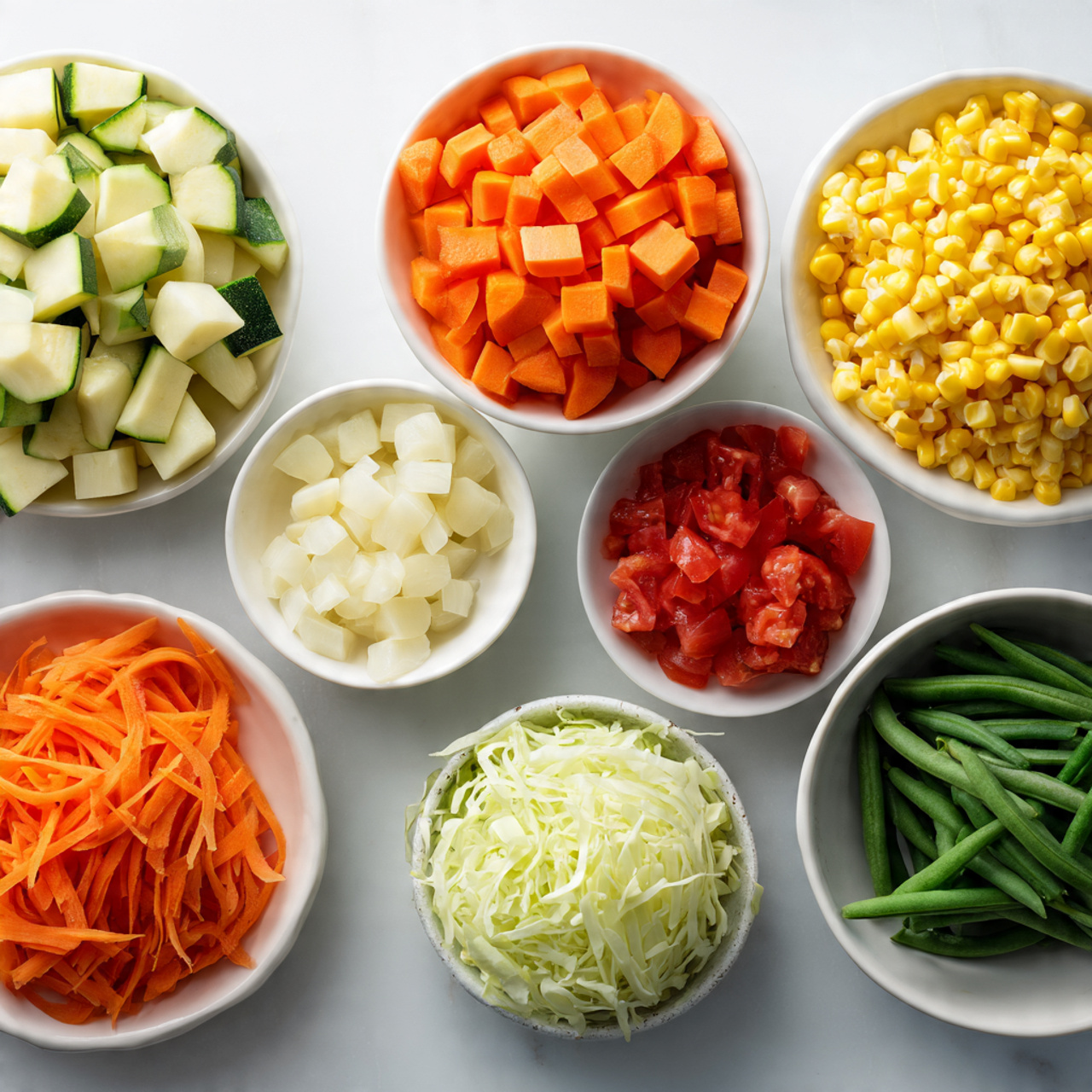 fresh veggie soup ingredients neatly arranged on a