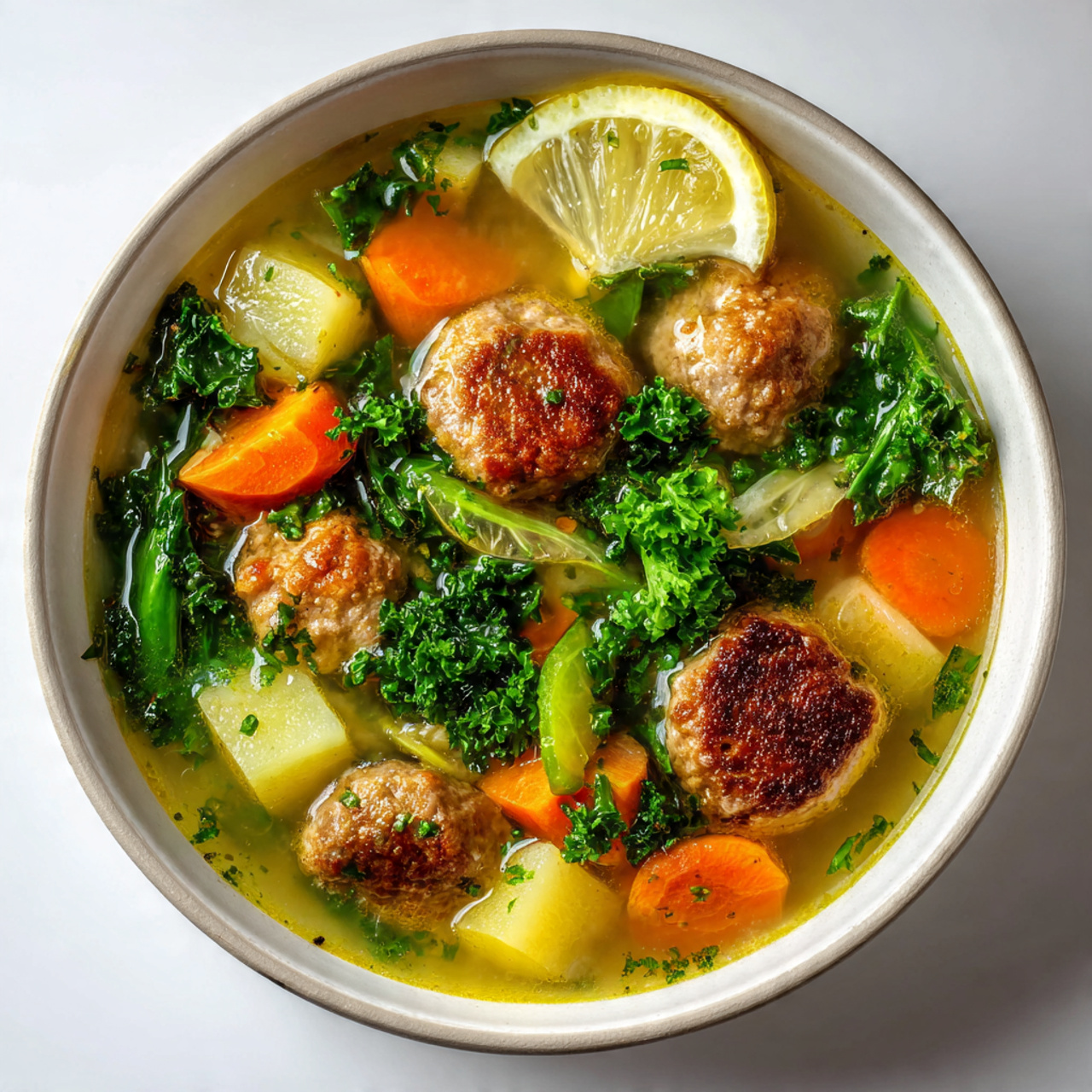 meatball soup with white background