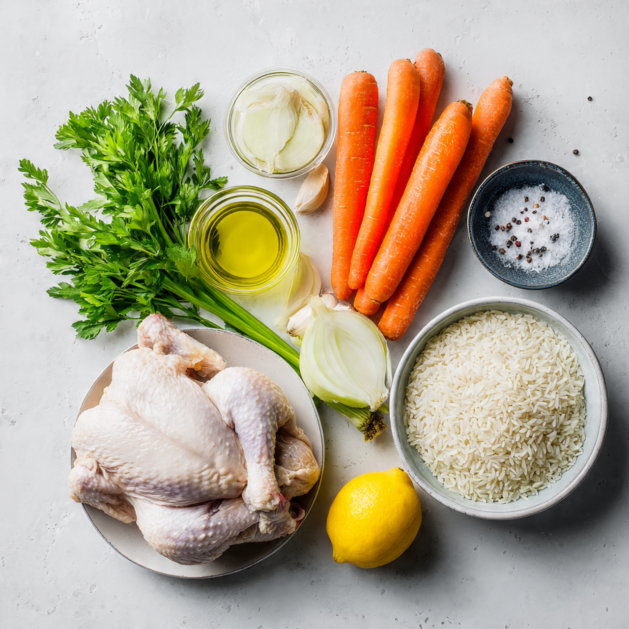 overhead flat lay of chicken soup ingredients incl
