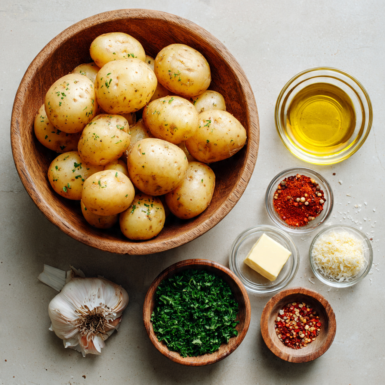 overhead flat lay of fresh baby potatoes in a rust