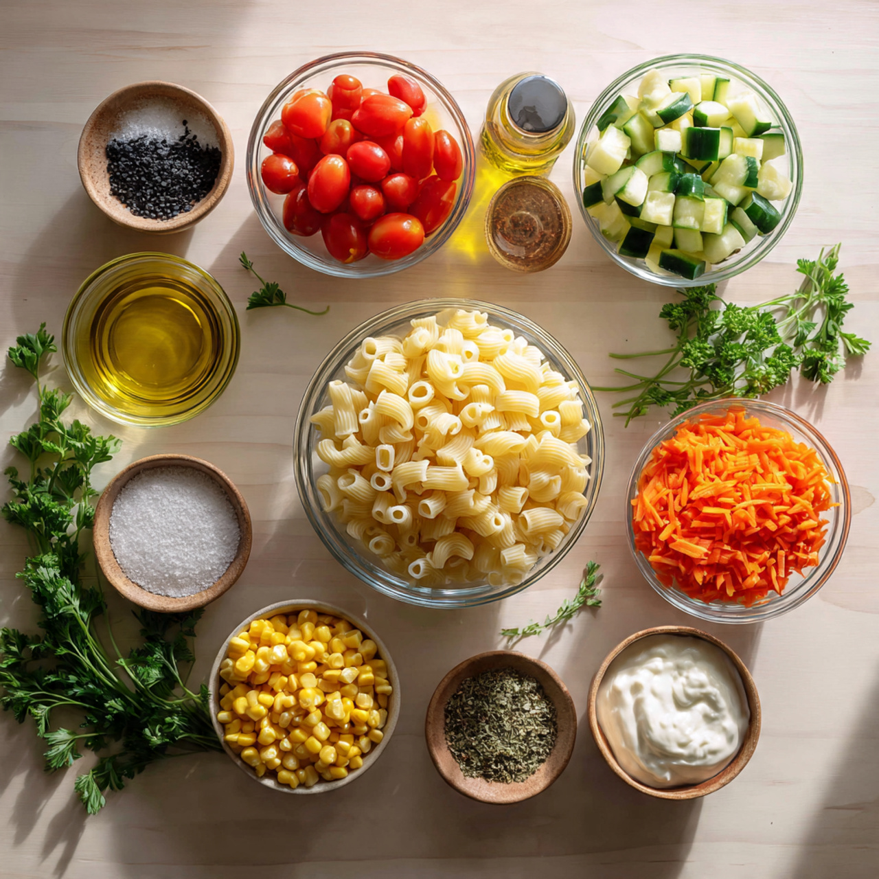 overhead flat lay of fresh pasta salad ingredients