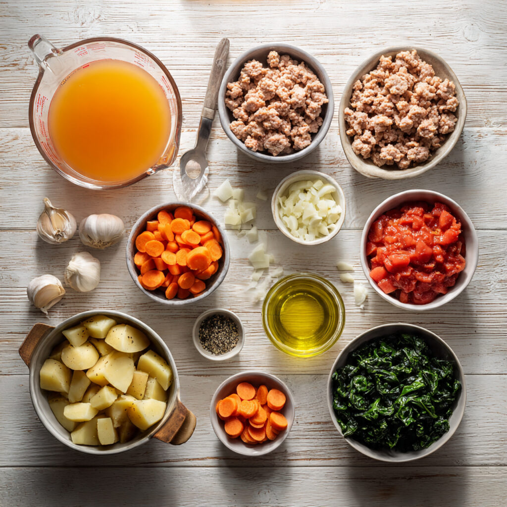 overhead flat lay of fresh sausage soup ingredient