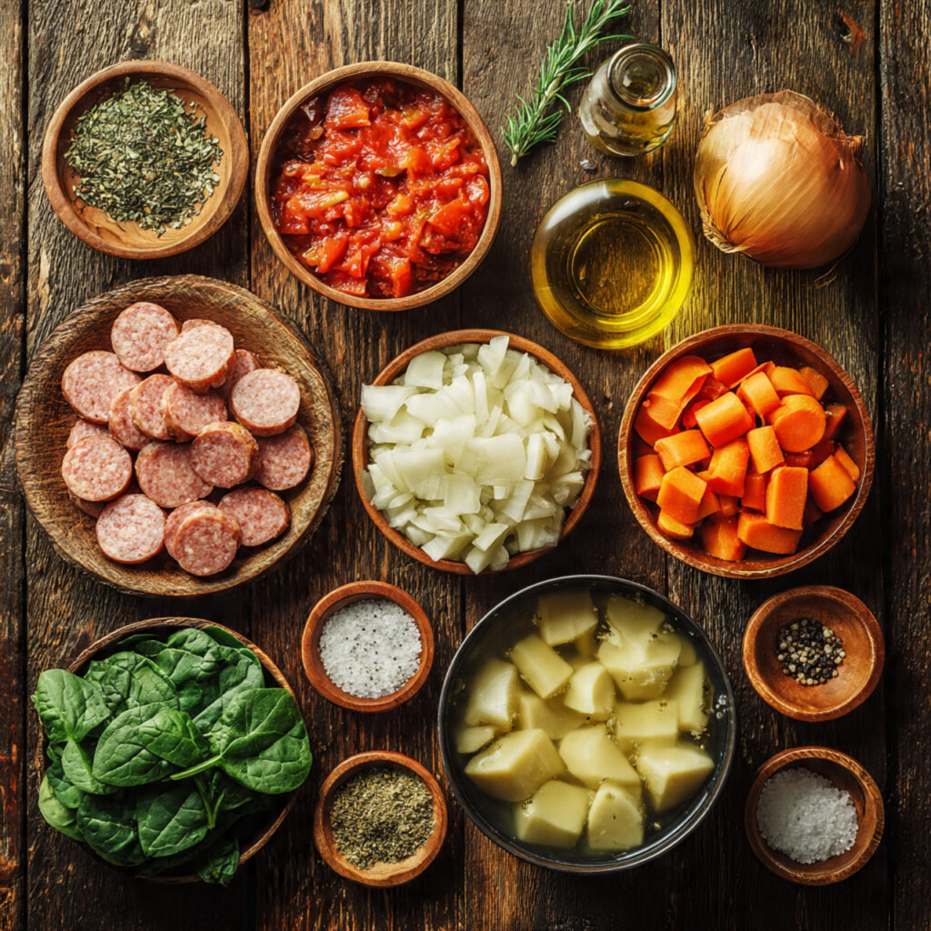 overhead flat lay of fresh soup ingredients on a r