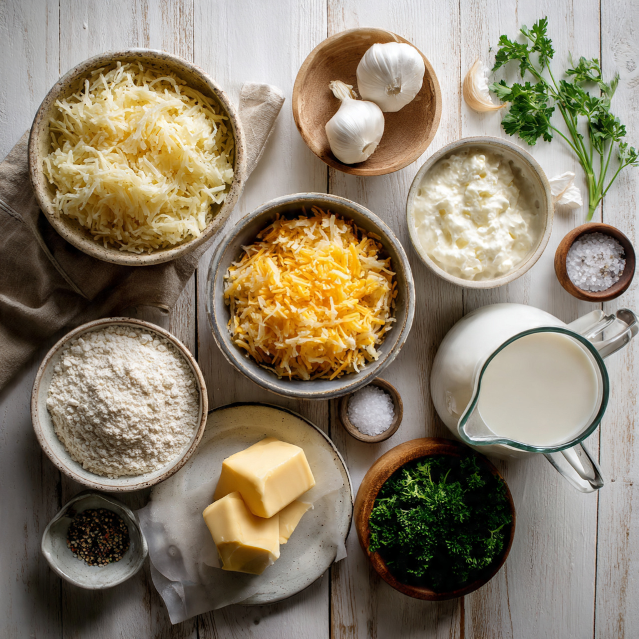 overhead flat lay of ingredients for creamy potato