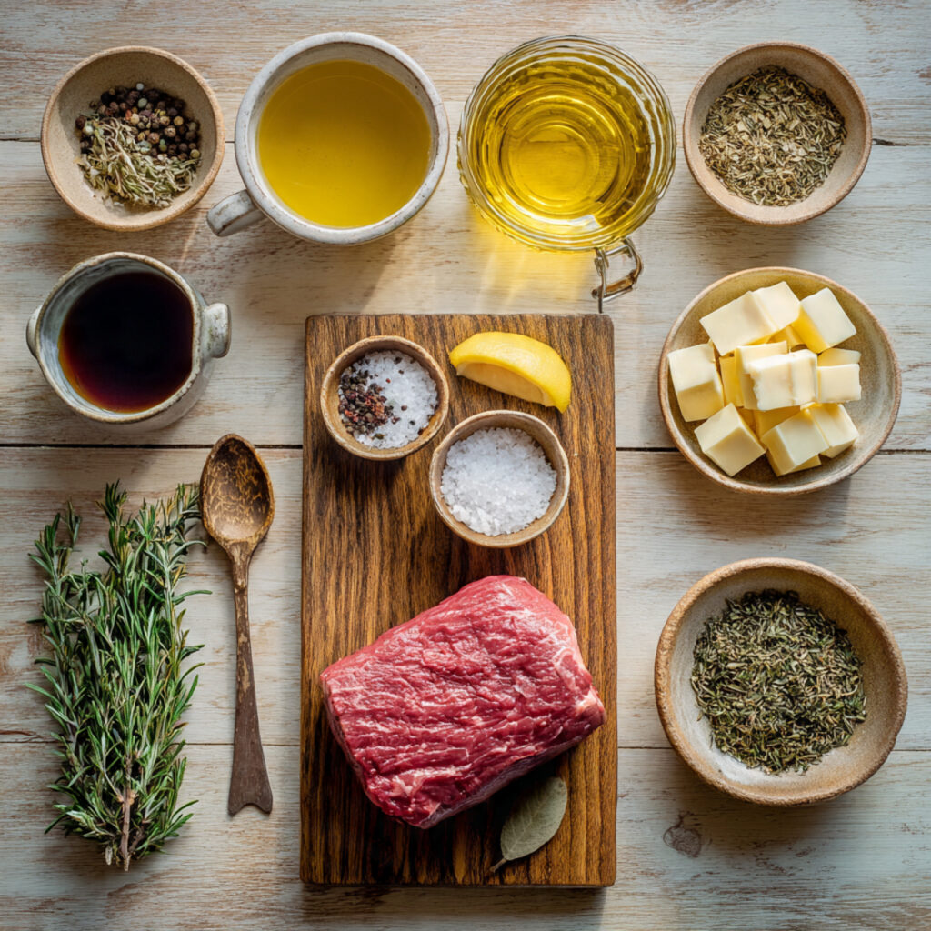 overhead flat lay of raw cooking ingredients neatl