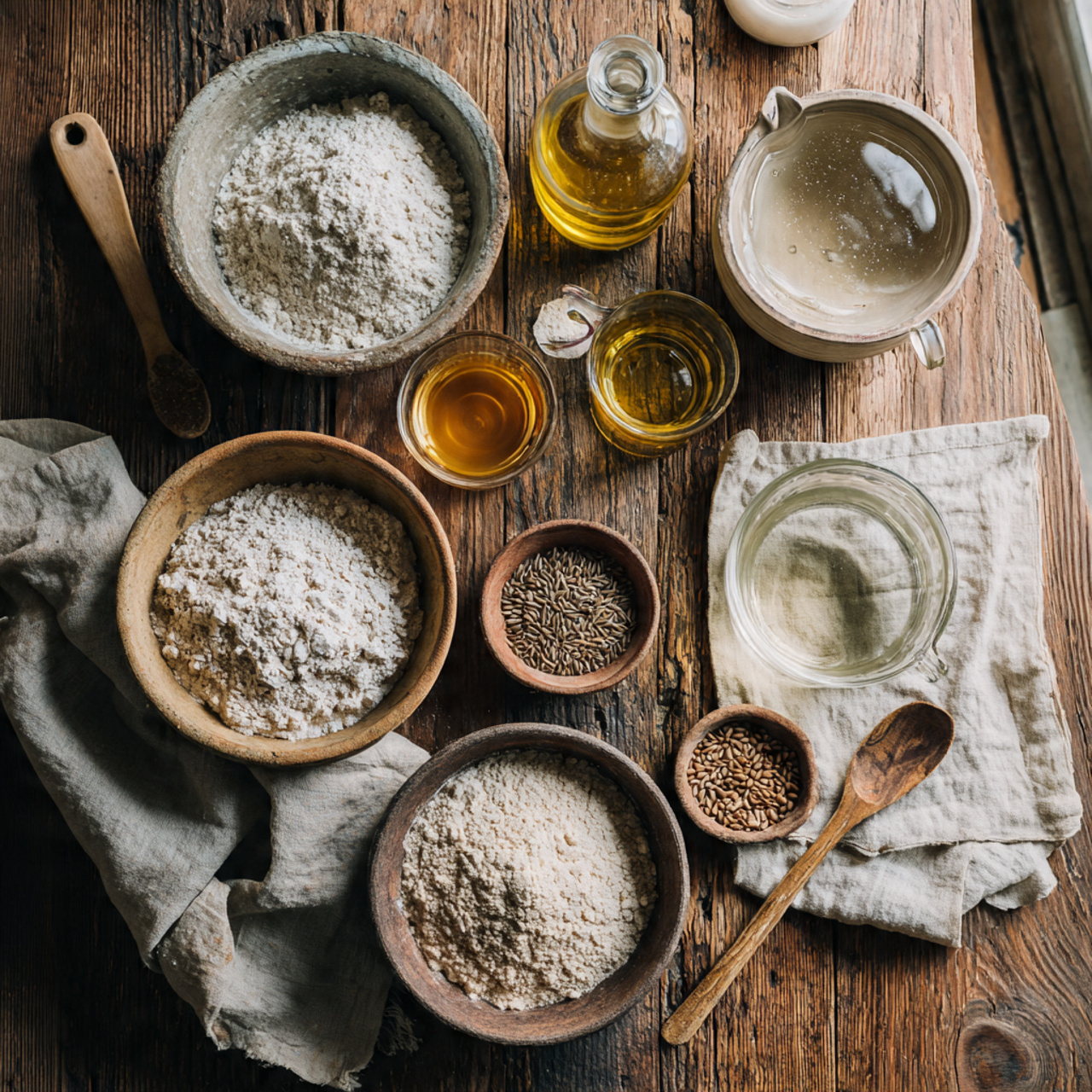 overhead flat lay of rye bread baking ingredients