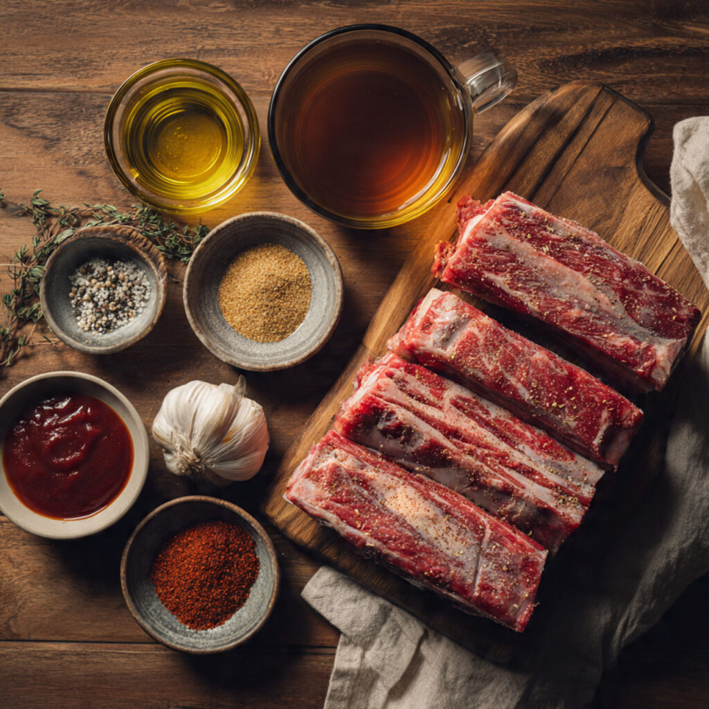 overhead food photography of raw beef ribs on a wo