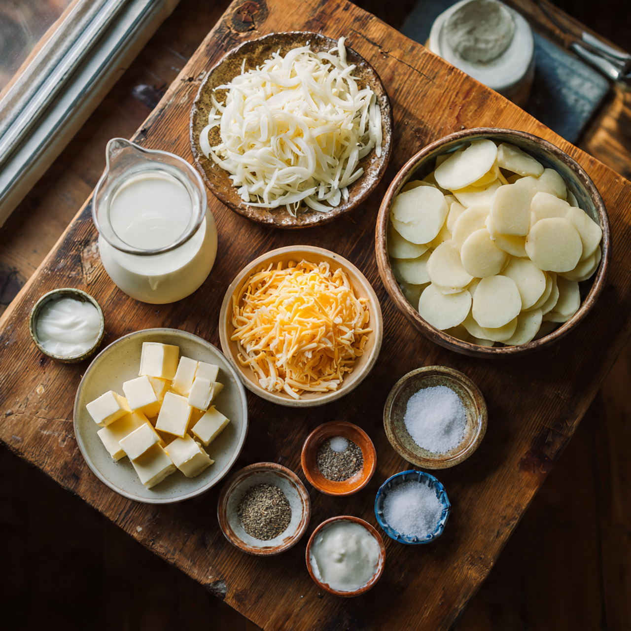 overhead shot of fresh potato casserole ingredient