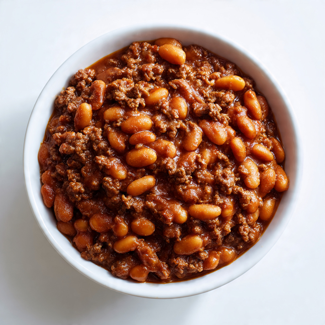 top down close up of baked beans with ground beef