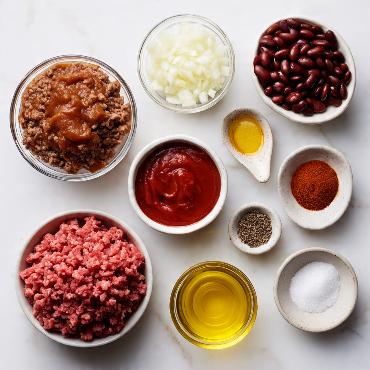 top down flat lay of all ingredients for baked bea