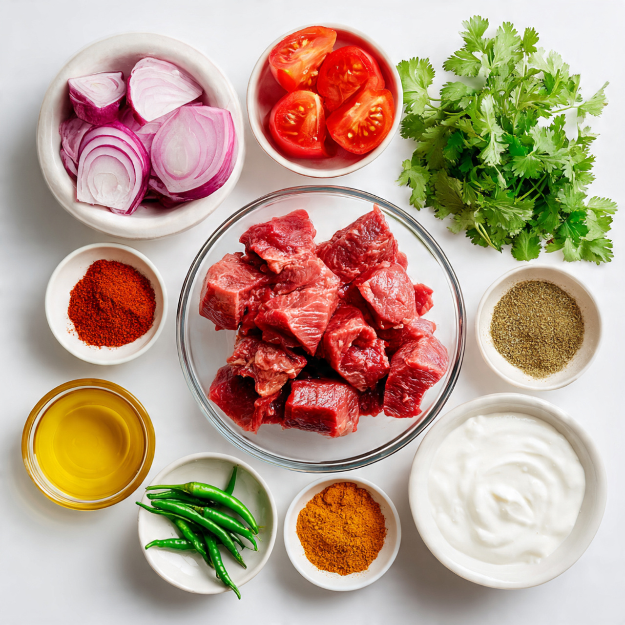 top down flat lay of fresh beef curry ingredients