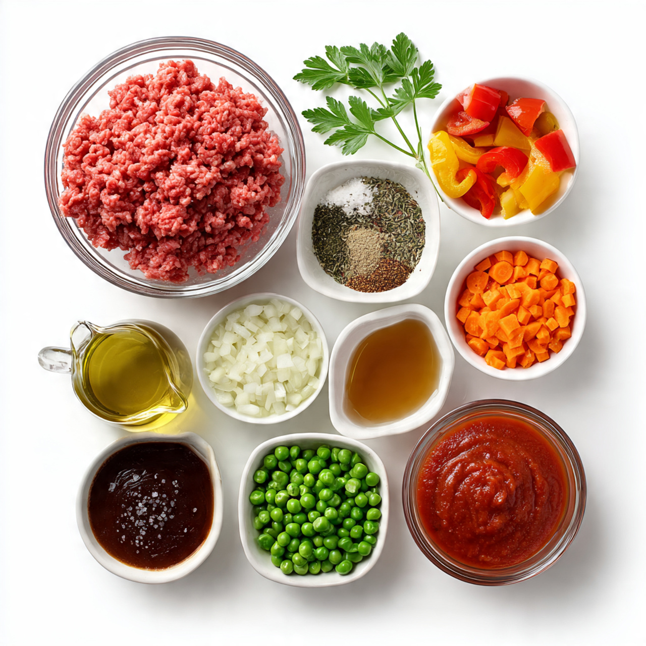 top down flat lay of fresh beef meal ingredients n
