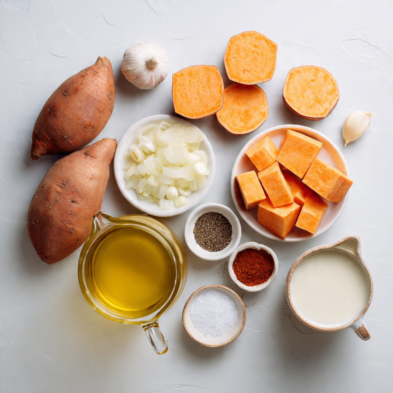 top down flat lay of fresh sweet potato soup ingre