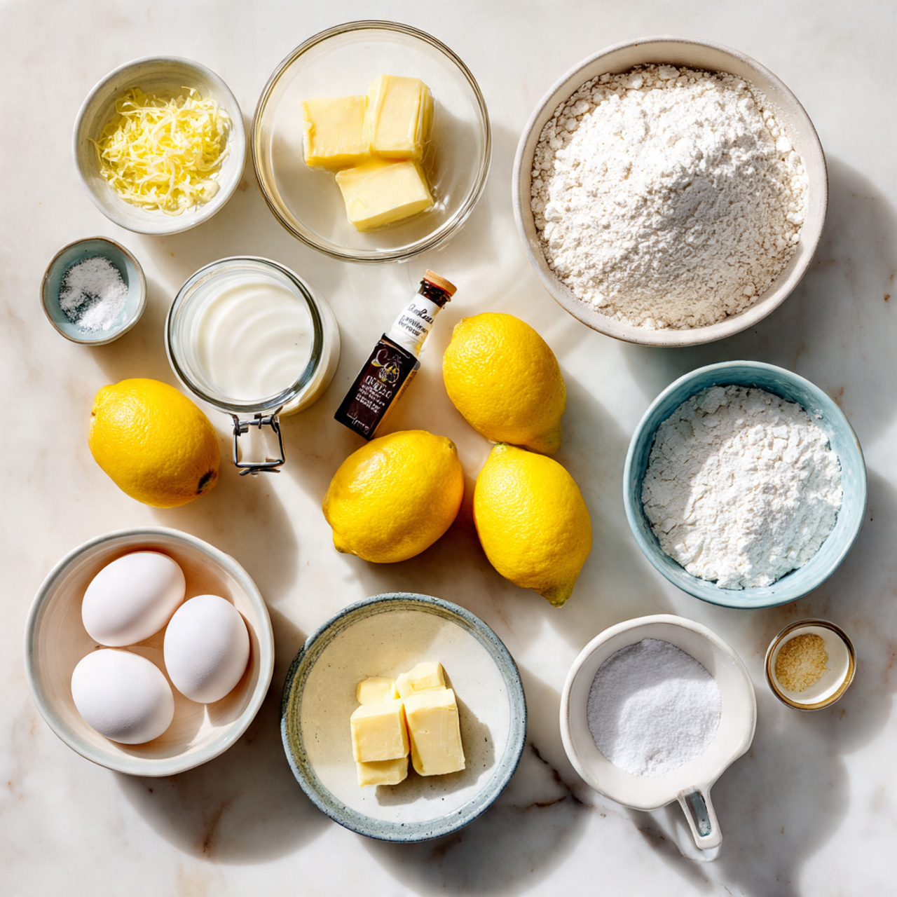 top down flat lay of lemon cake ingredients on a l