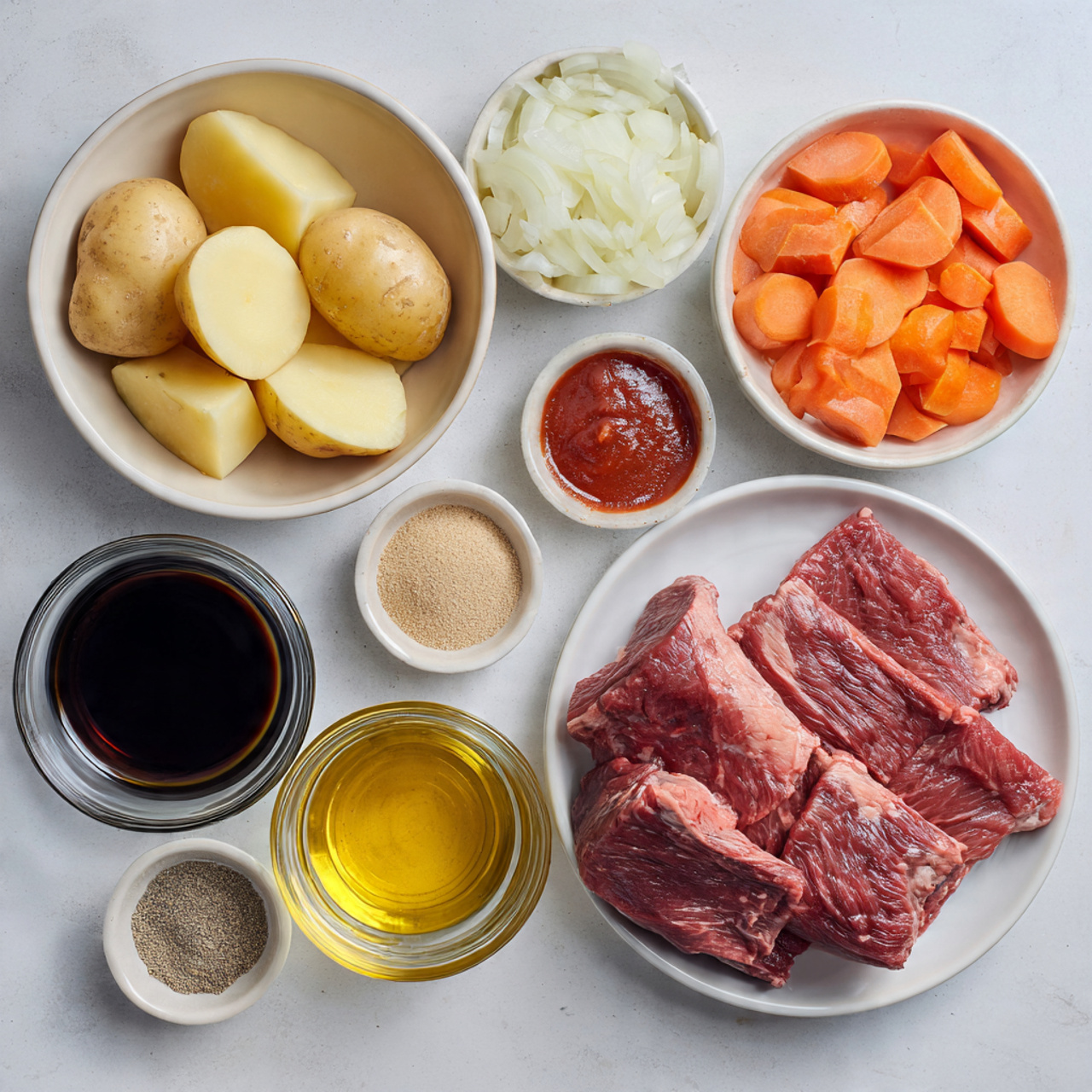 top down flat lay of raw beef brisket sliced onion