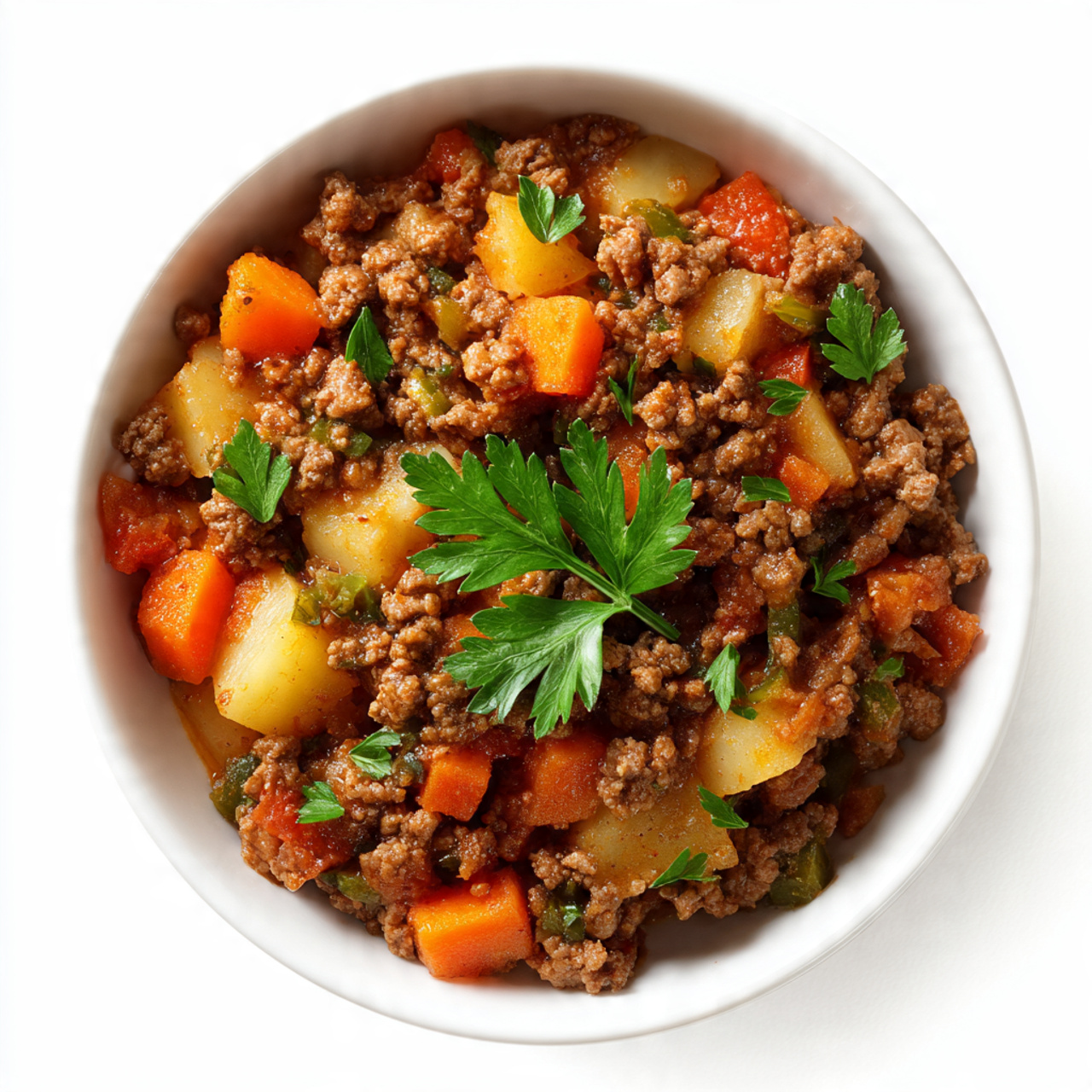 top down view of a hearty cooked beef meal in a si 1