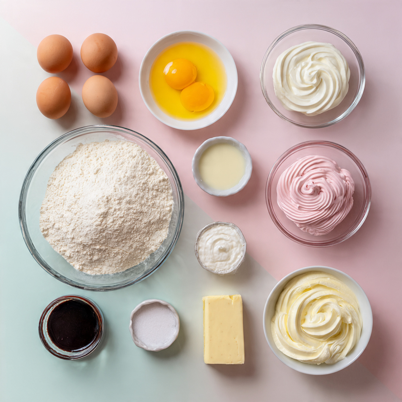 top down view of hello kitty cake ingredients neat