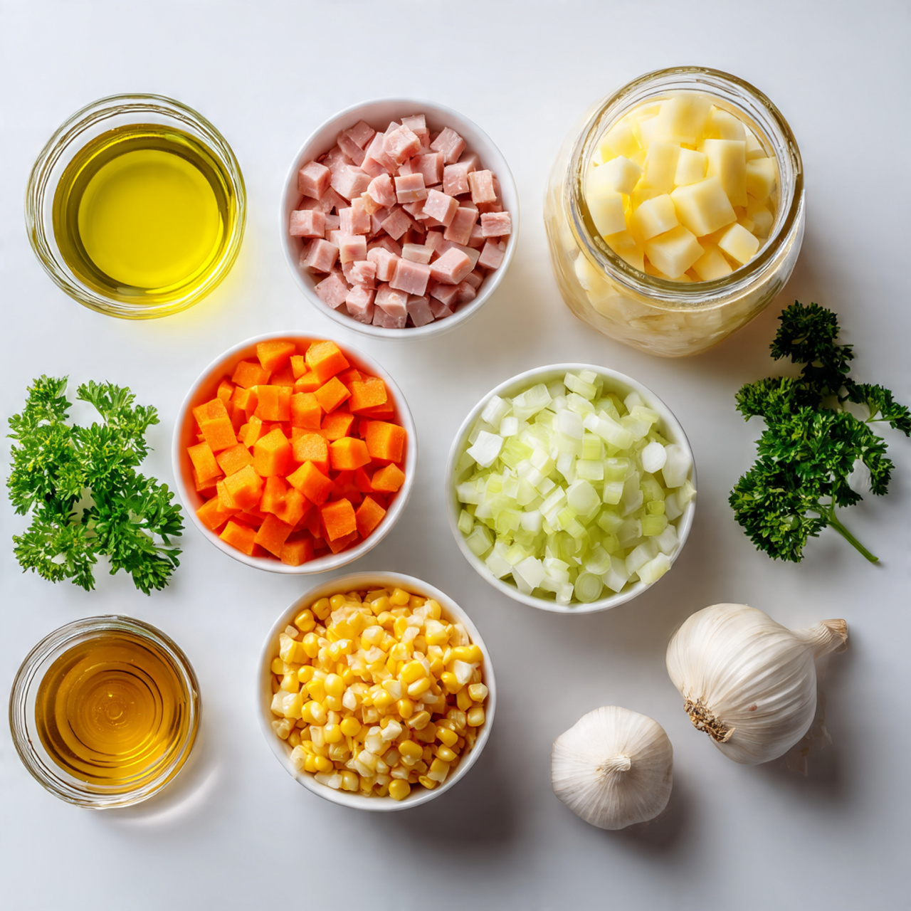 top view flat lay of fresh soup ingredients neatly
