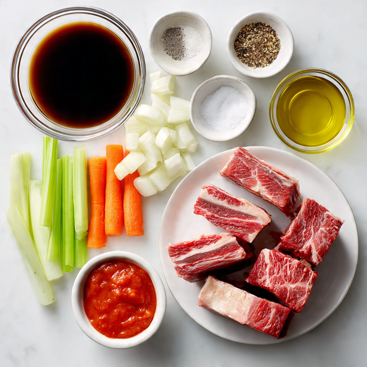 top view of raw beef short ribs sliced onion garli