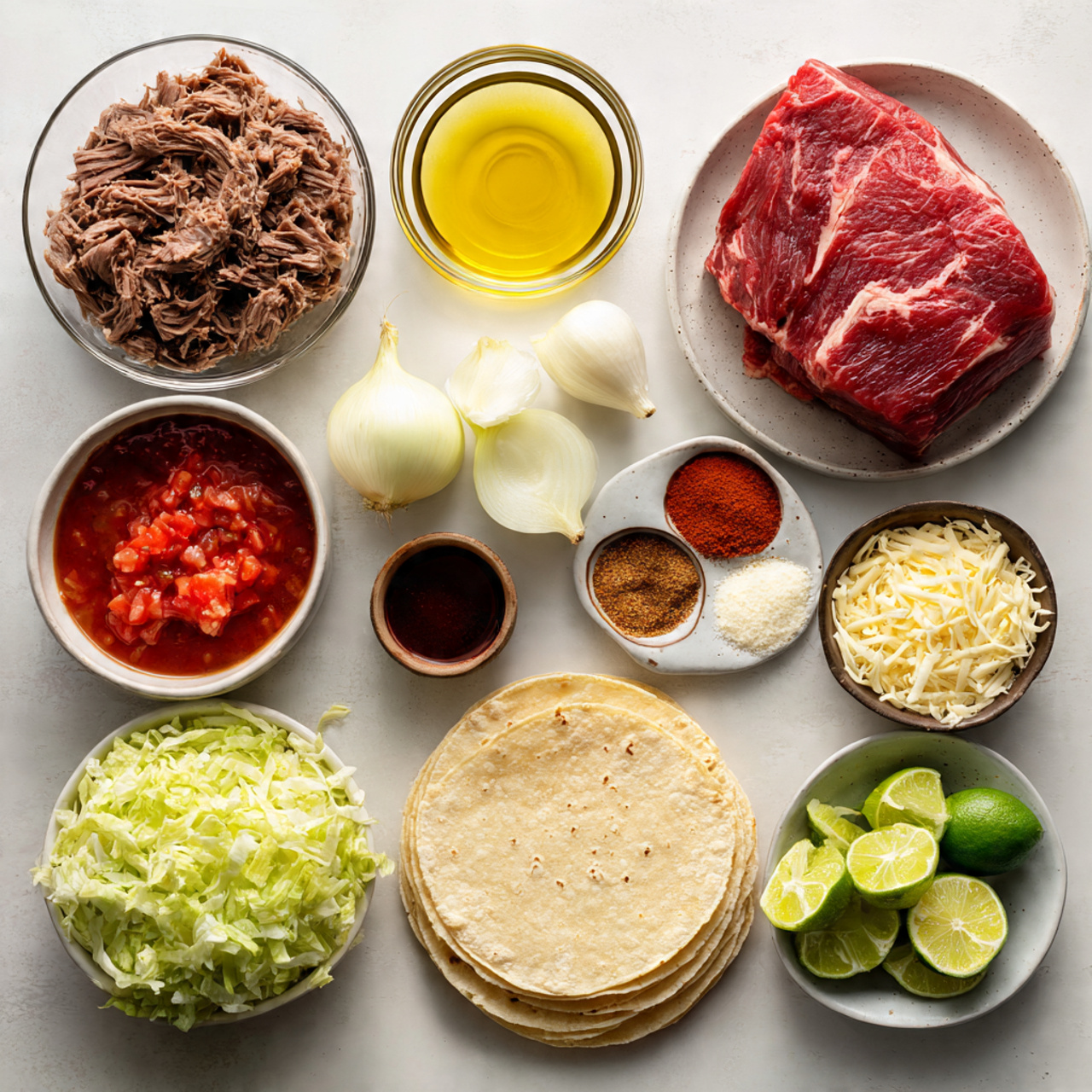 top view of shredded beef tacos ingredients neatly
