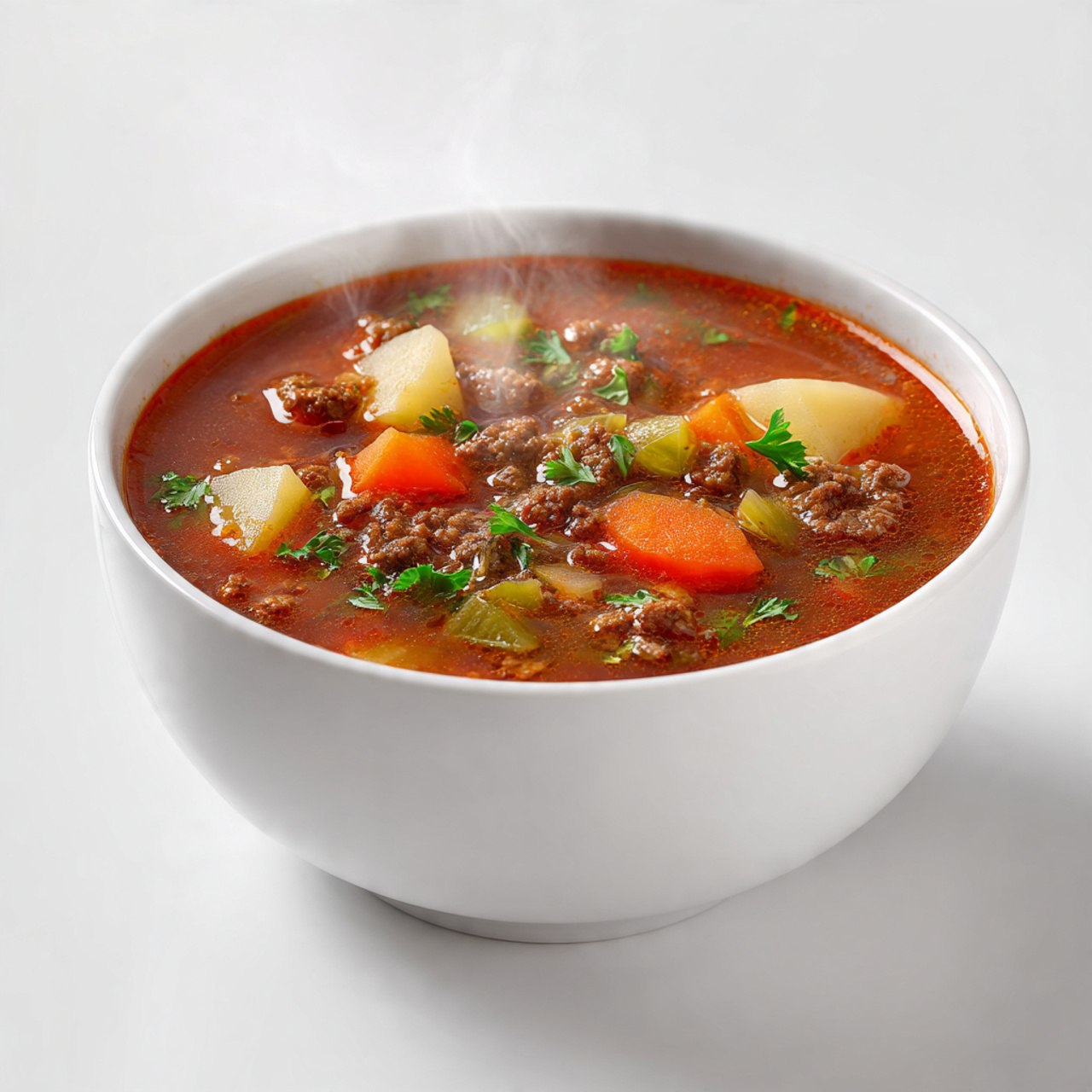 ultra realistic hamburger soup in a white ceramic 1