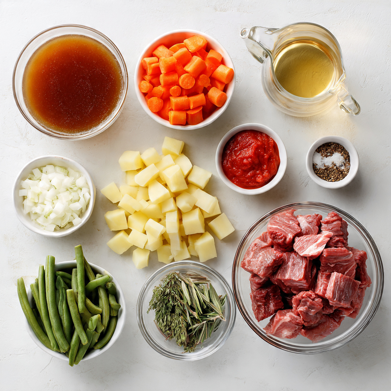 ultra realistic top down flat lay of beef vegetabl