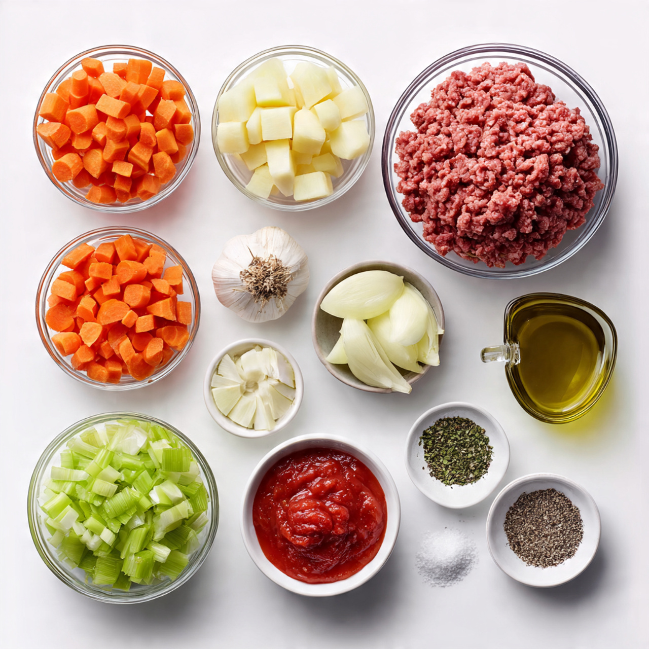 ultra realistic top down flat lay of hamburger sou