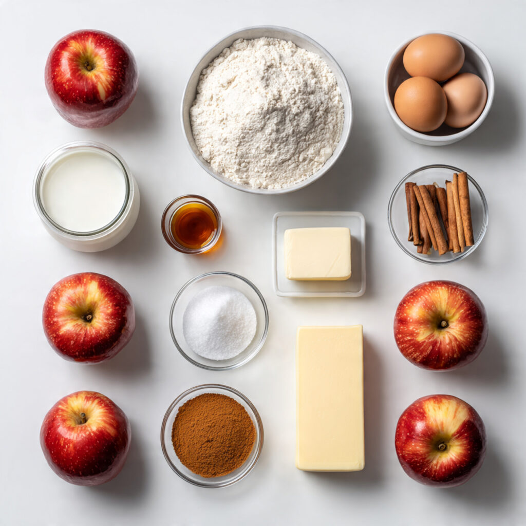 Apple Cinnamon Bread 2 Ingredients for apple cinnamon bread including flour, apples, cinnamon, sugar, eggs, milk, and baking essentials arranged on a white background
