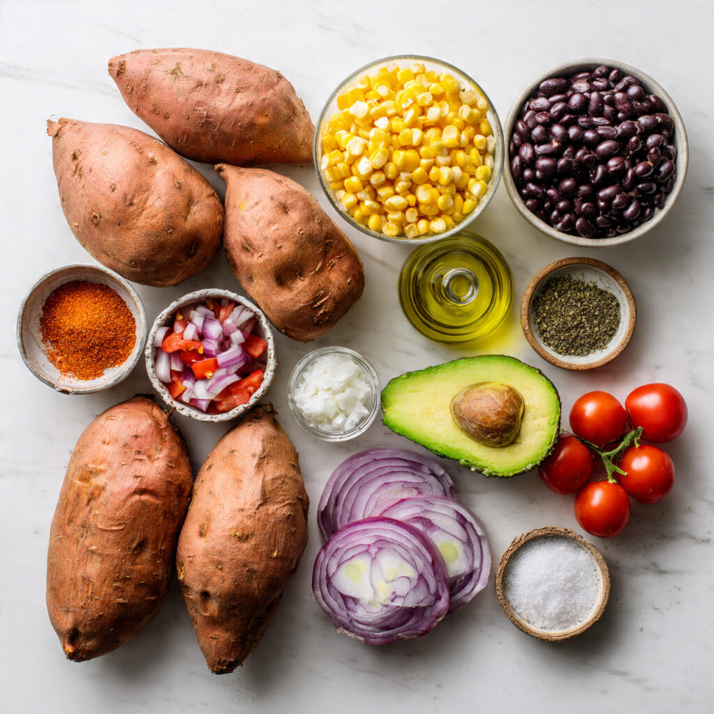 Loaded Sweet Potato 2 a clean flat lay of ingredients used for loaded sw