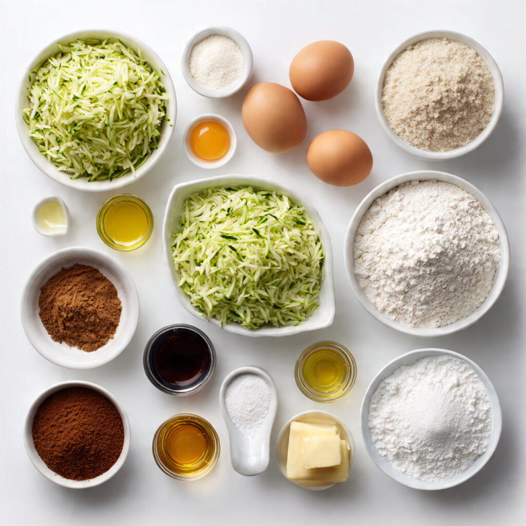 Zucchini Bread Recipe 2 a clean flat lay of ingredients used for zucchini