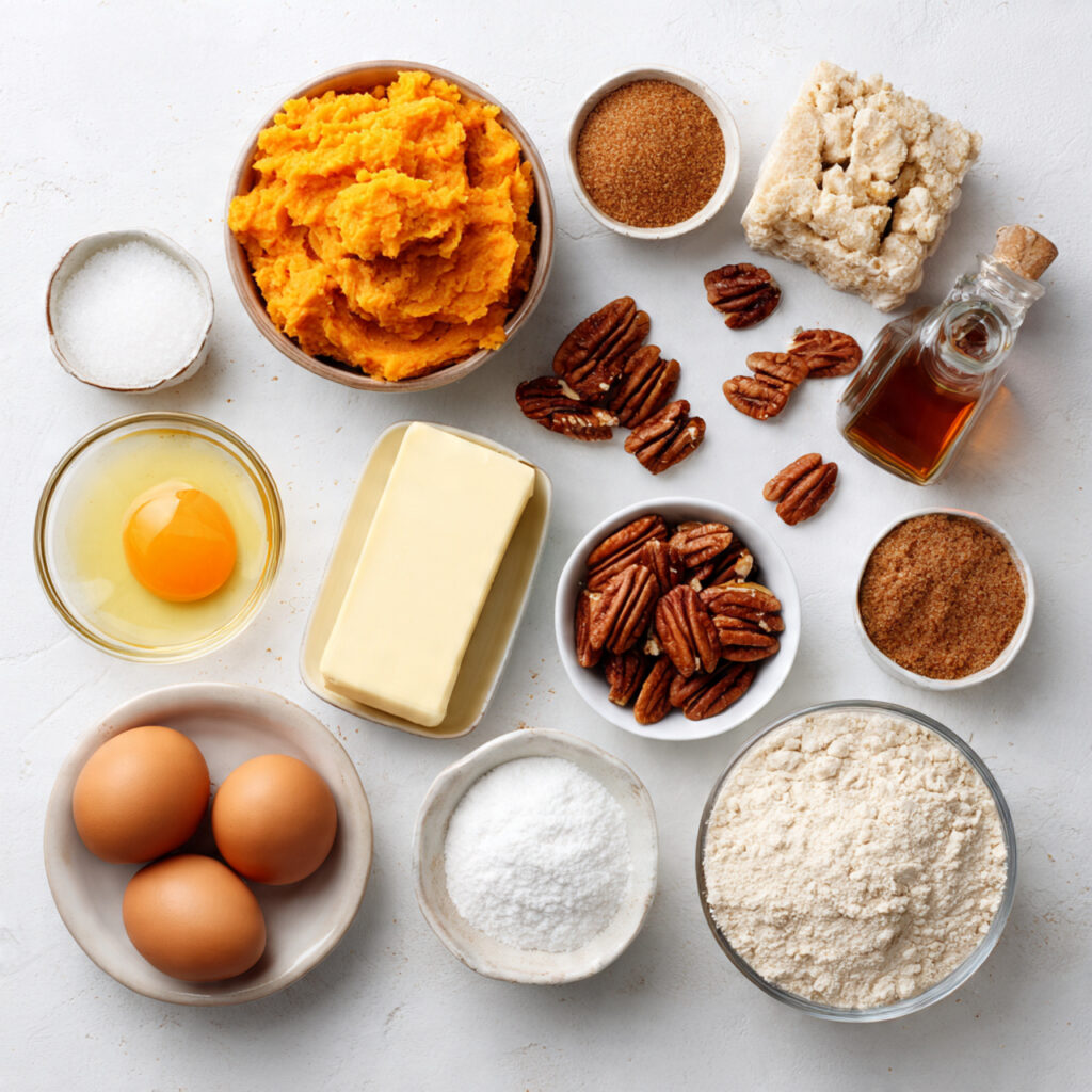 Ruth Chris Sweet Potato Casserole 2 a clean flat lay of sweet potato casserole ingredi