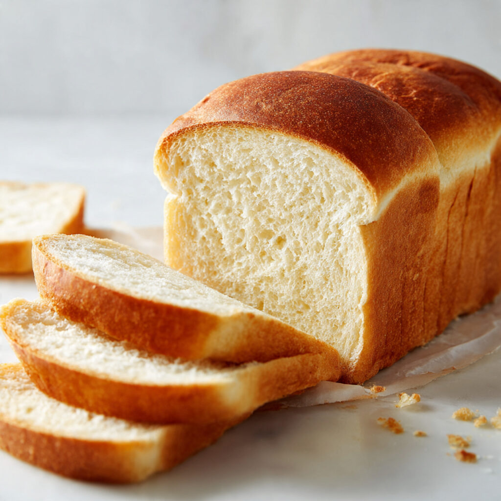 Sandwich Bread 4 Soft homemade sandwich bread loaf sliced with fluffy texture and golden crust on a white background
